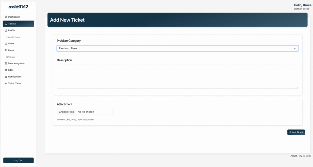 AssistITk12 Add New Ticket form