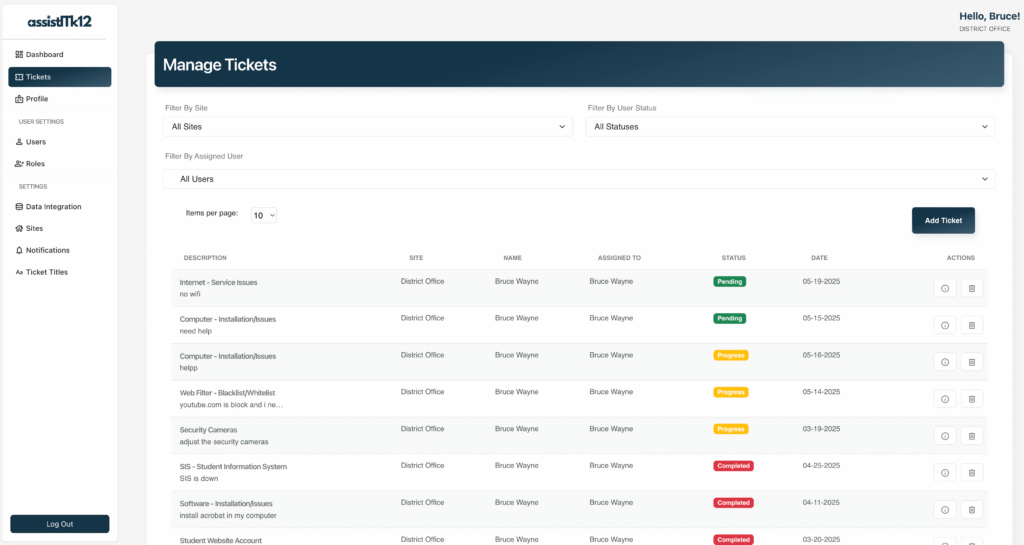 AssistITk12 Manage Tickets screen with filters and a ticket list