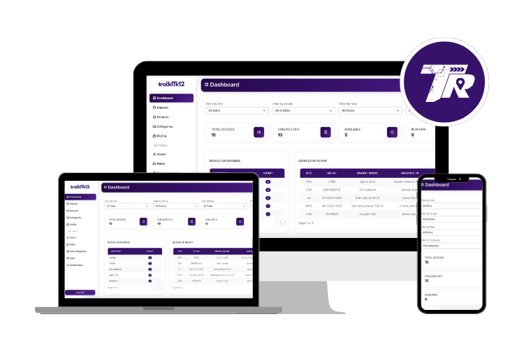 TrackITk12 shown on laptop, desktop, and mobile